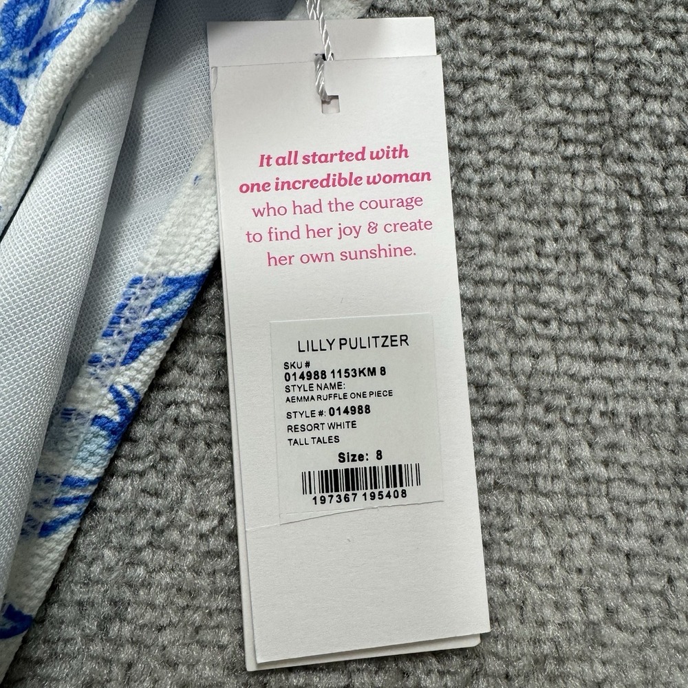 NWT Lilly Pulitzer Size 8 Aemma Ruffle Swim Suit White Blue Tall Tales Giraffe - Picture 2 of 13
